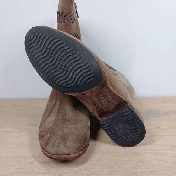 UGG Tan Leather Mid Calf Boots Womens 8.5 Embroidered Stitch Low Heel Winter - Picture 7 of 10